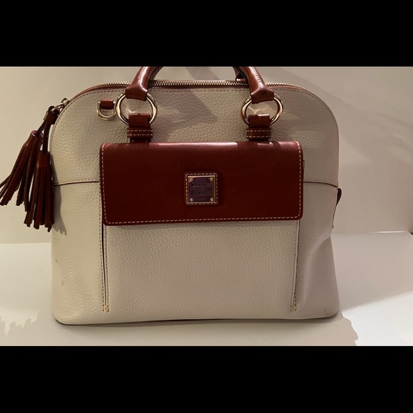 Dooney & Bourke Aubrey Cream/ Brown Pebble Leather Tassel Satchel Handbag - Picture 8 of 16
